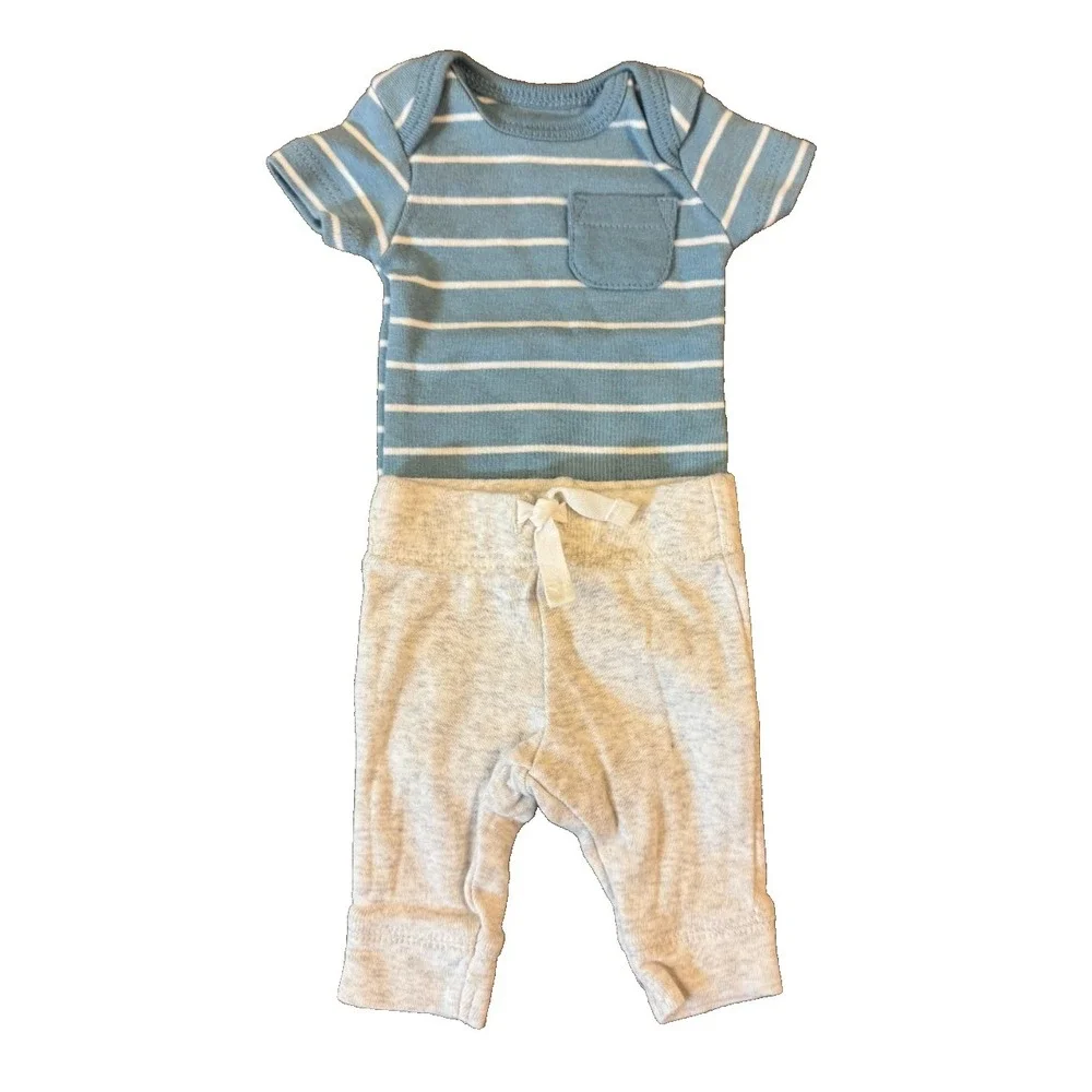 Carters Preemie Baby Boy Outfit Bodysuit‎ Pants 2 Piece Reborn Doll Striped Blue